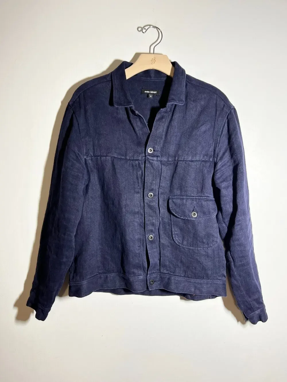 Evan Kinori LN Dark Navy Blue Hemp 1 Pocket Jacket Size M Unisex